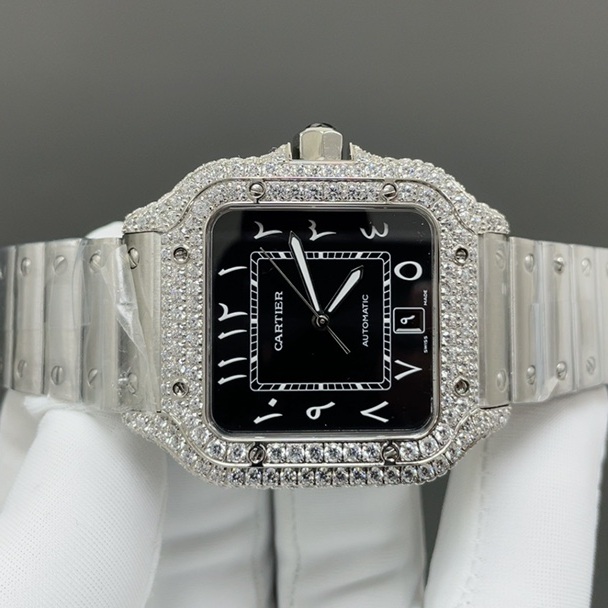 Cartier Diamond Set Automatic Watch, Black Dial Roman Numeral Date White Gold Case Leather Strap