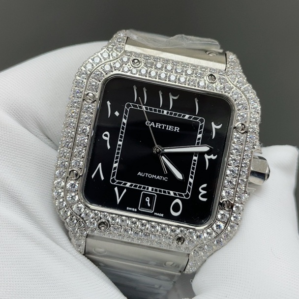 Cartier Diamond Set Automatic Watch, Black Dial Roman Numeral Date White Gold Case Leather Strap