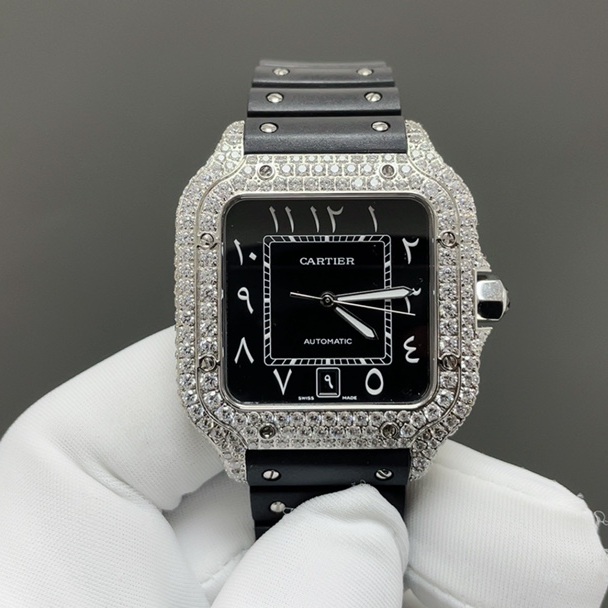 Cartier Diamond Set Automatic Watch, Black Dial Roman Numeral Date White Gold Case Leather Strap