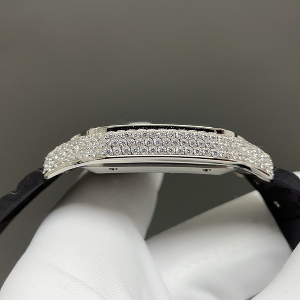 Cartier Diamond Set Automatic Watch, Black Dial Roman Numeral Date White Gold Case Leather Strap