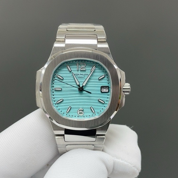 Patek Philippe Nautilus Style Automatic Watch, Blue Dial Date Stainless Steel Case Metal Bracelet