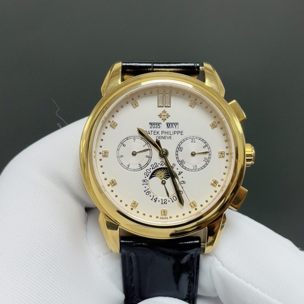 Patek Philippe Automatic Watch, White Dial Diamond Index Rose Gold Case Leather Strap 30m Sapphire