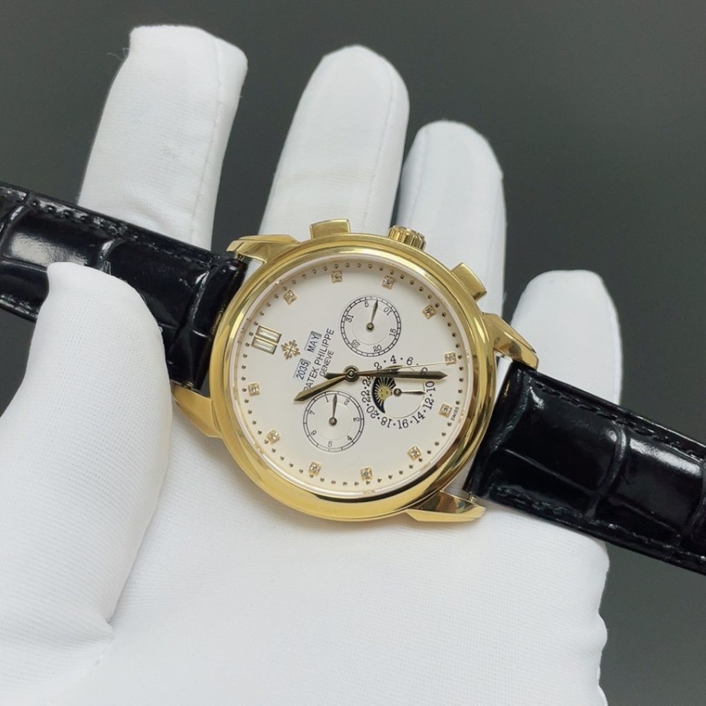 Patek Philippe Automatic Watch, White Dial Diamond Index Rose Gold Case Leather Strap 30m Sapphire