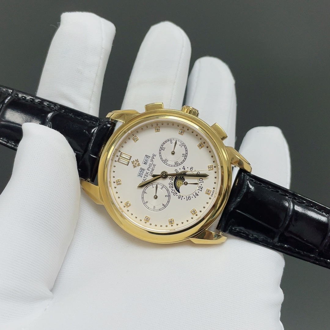 Patek Philippe Automatic Watch, White Dial Diamond Index Rose Gold Case Leather Strap 30m Sapphire
