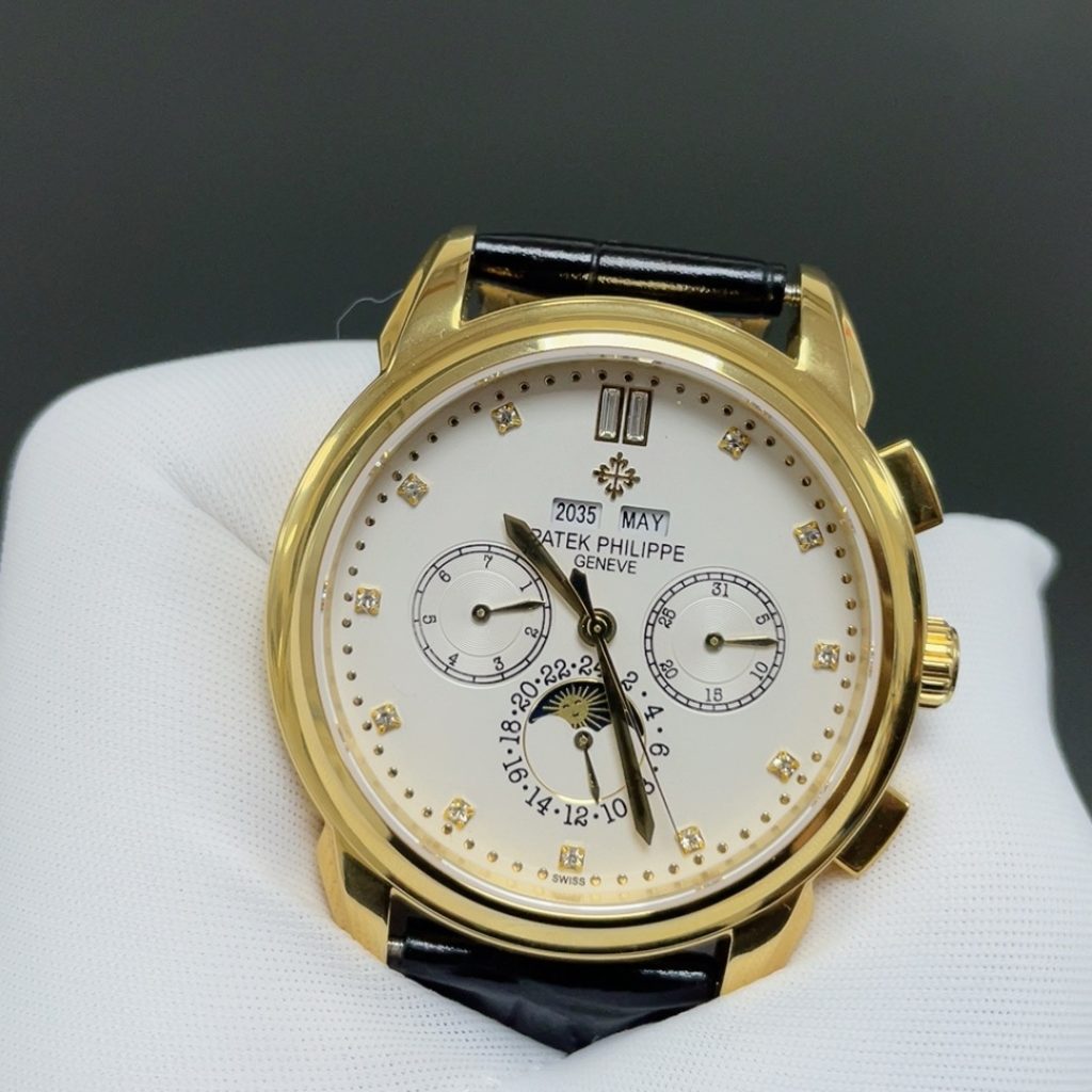 Patek Philippe Automatic Watch, White Dial Diamond Index Rose Gold Case Leather Strap 30m Sapphire