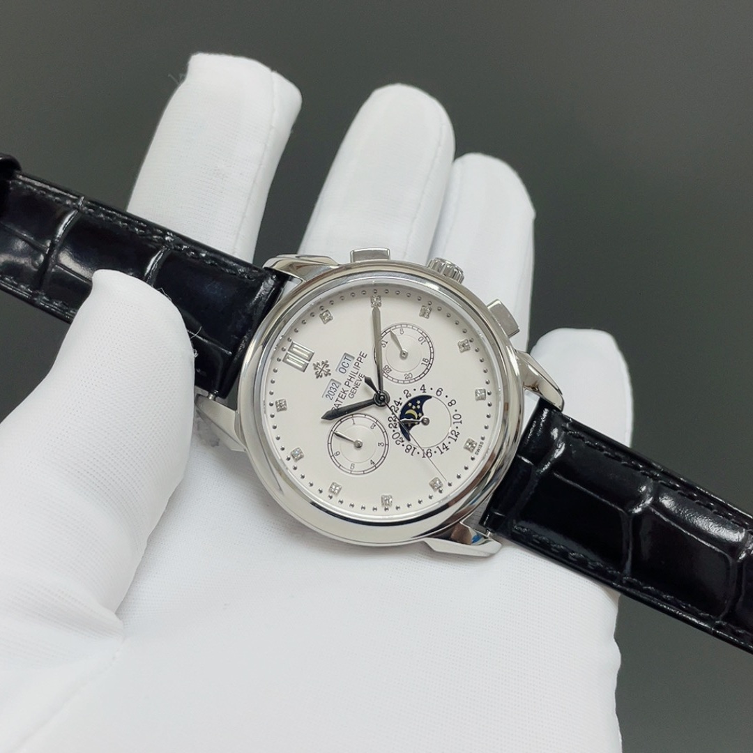 Patek Philippe Automatic Watch, White Dial Diamond Index Stainless Steel Case Leather Strap 30m