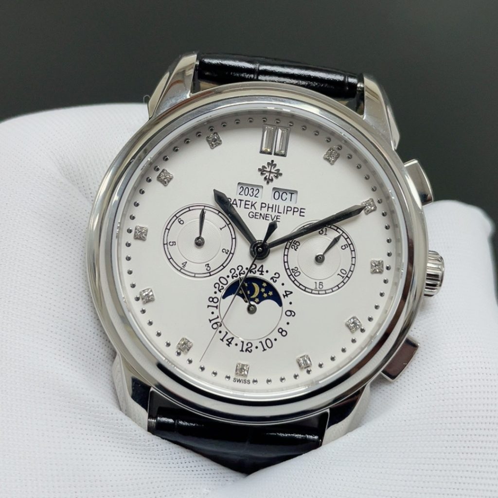 Patek Philippe Automatic Watch, White Dial Diamond Index Stainless Steel Case Leather Strap 30m