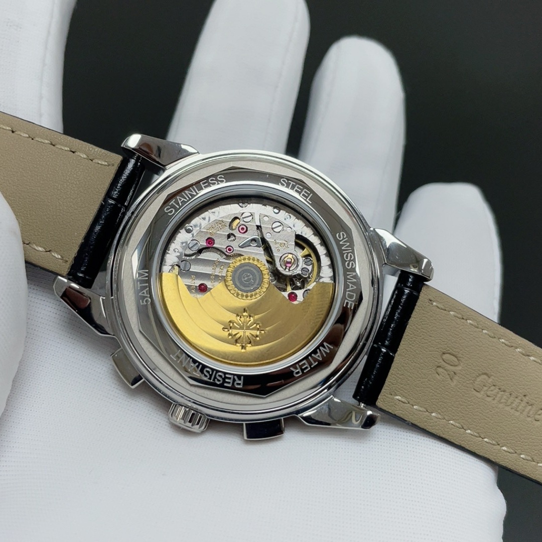 Patek Philippe Automatic Watch, White Dial Diamond Index Stainless Steel Case Leather Strap 30m