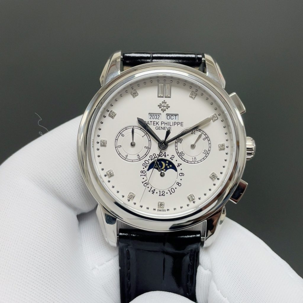 Patek Philippe Automatic Watch, White Dial Diamond Index Stainless Steel Case Leather Strap 30m