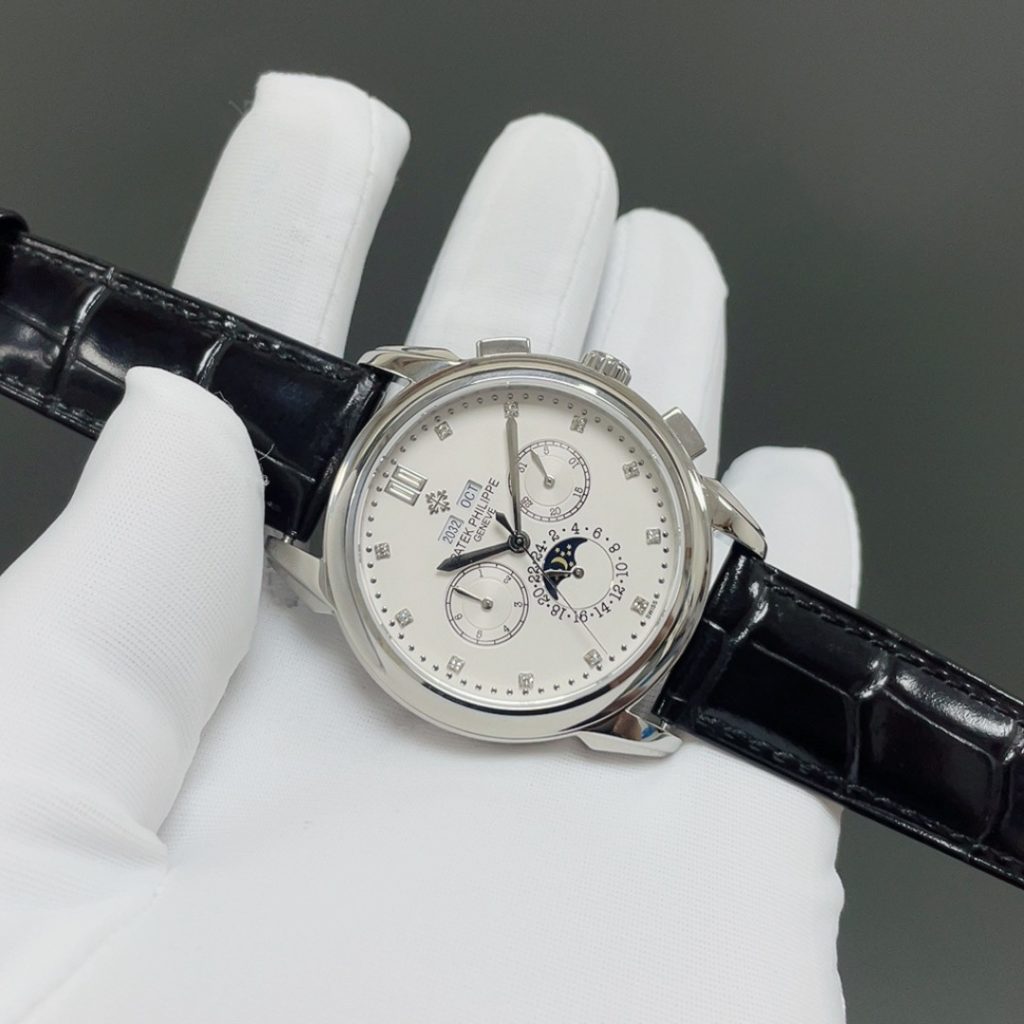 Patek Philippe Automatic Watch, White Dial Diamond Index Stainless Steel Case Leather Strap 30m