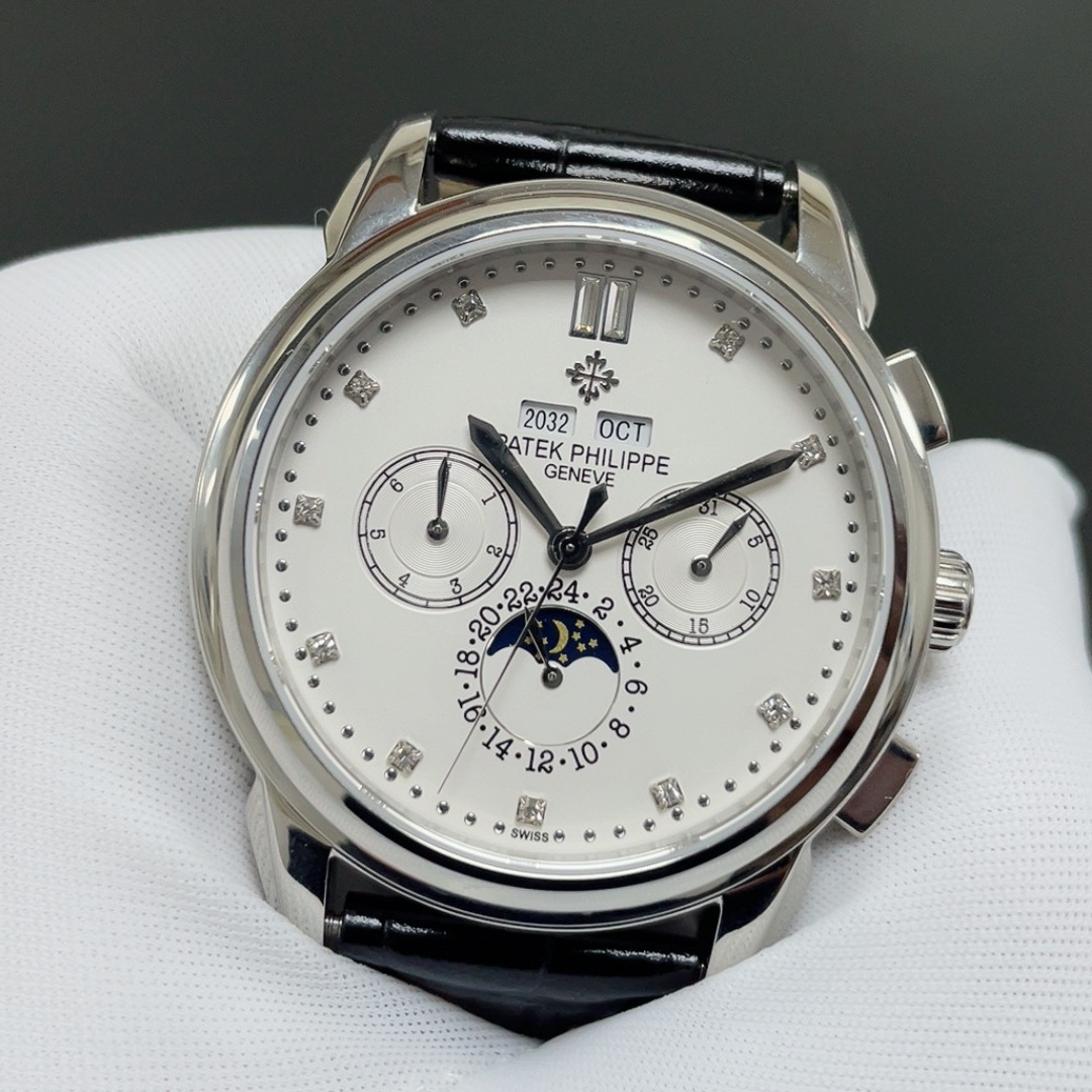 Patek Philippe Automatic Watch, White Dial Diamond Index Stainless Steel Case Leather Strap 30m