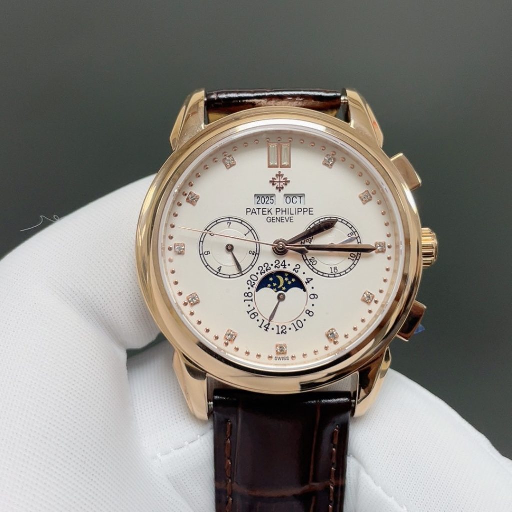 Patek Philippe Automatic Watch, White Dial Diamond Index Chronograph Rose Gold Case Leather Strap