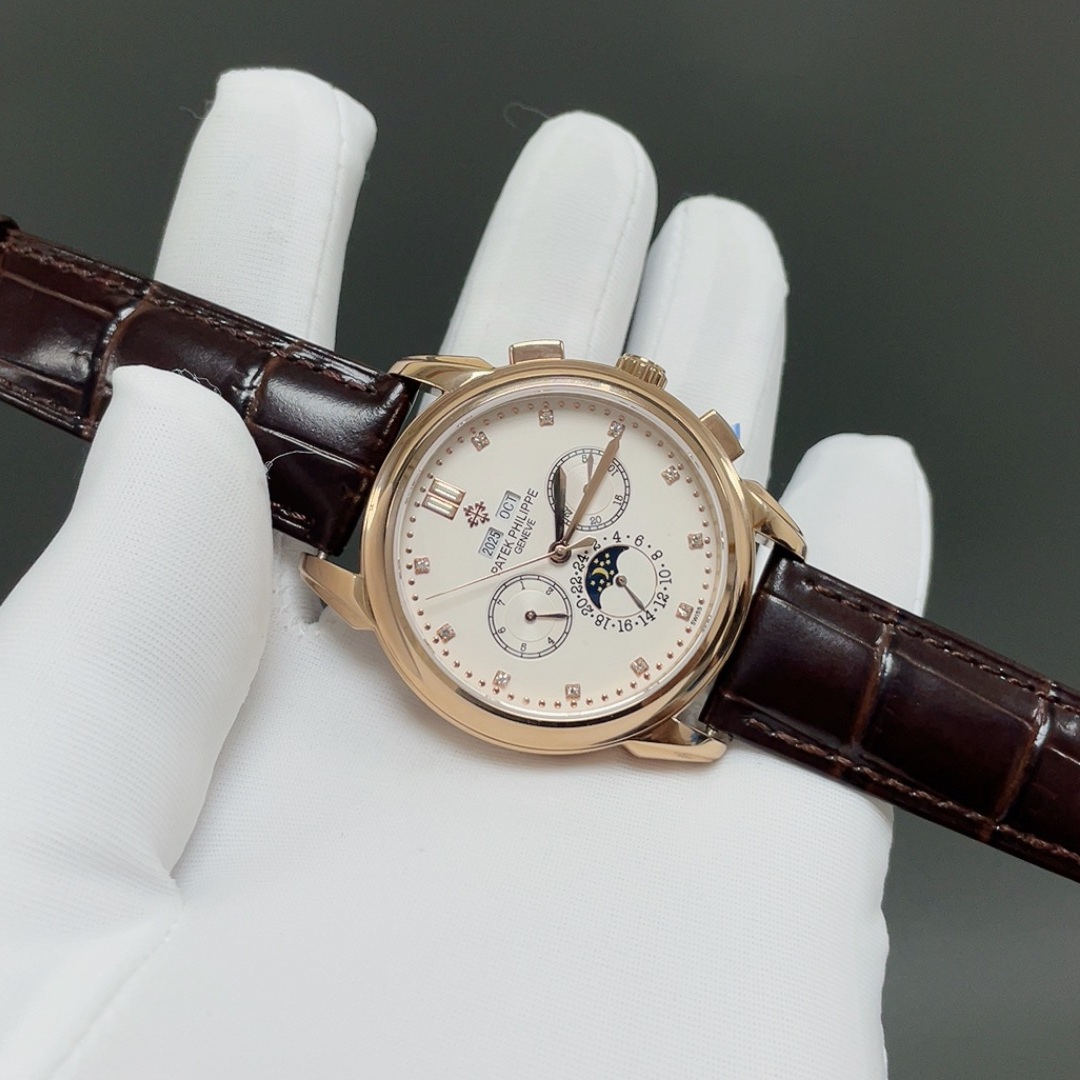 Patek Philippe Automatic Watch, White Dial Diamond Index Chronograph Rose Gold Case Leather Strap
