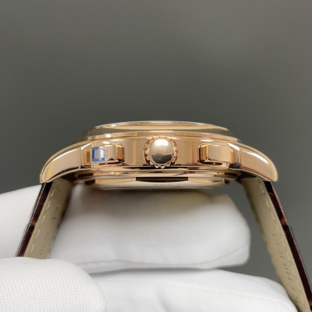 Patek Philippe Automatic Watch, White Dial Diamond Index Chronograph Rose Gold Case Leather Strap