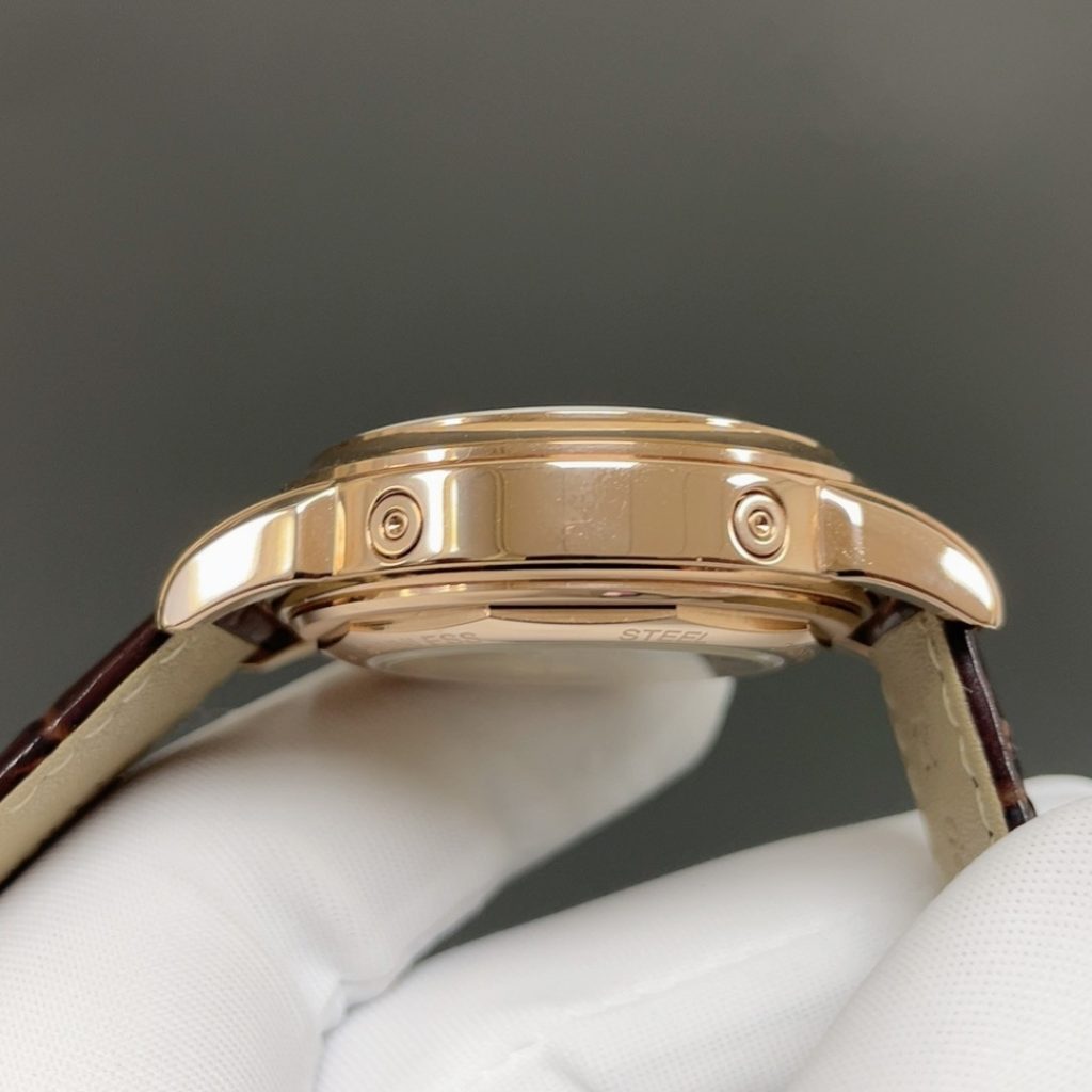 Patek Philippe Automatic Watch, White Dial Diamond Index Chronograph Rose Gold Case Leather Strap