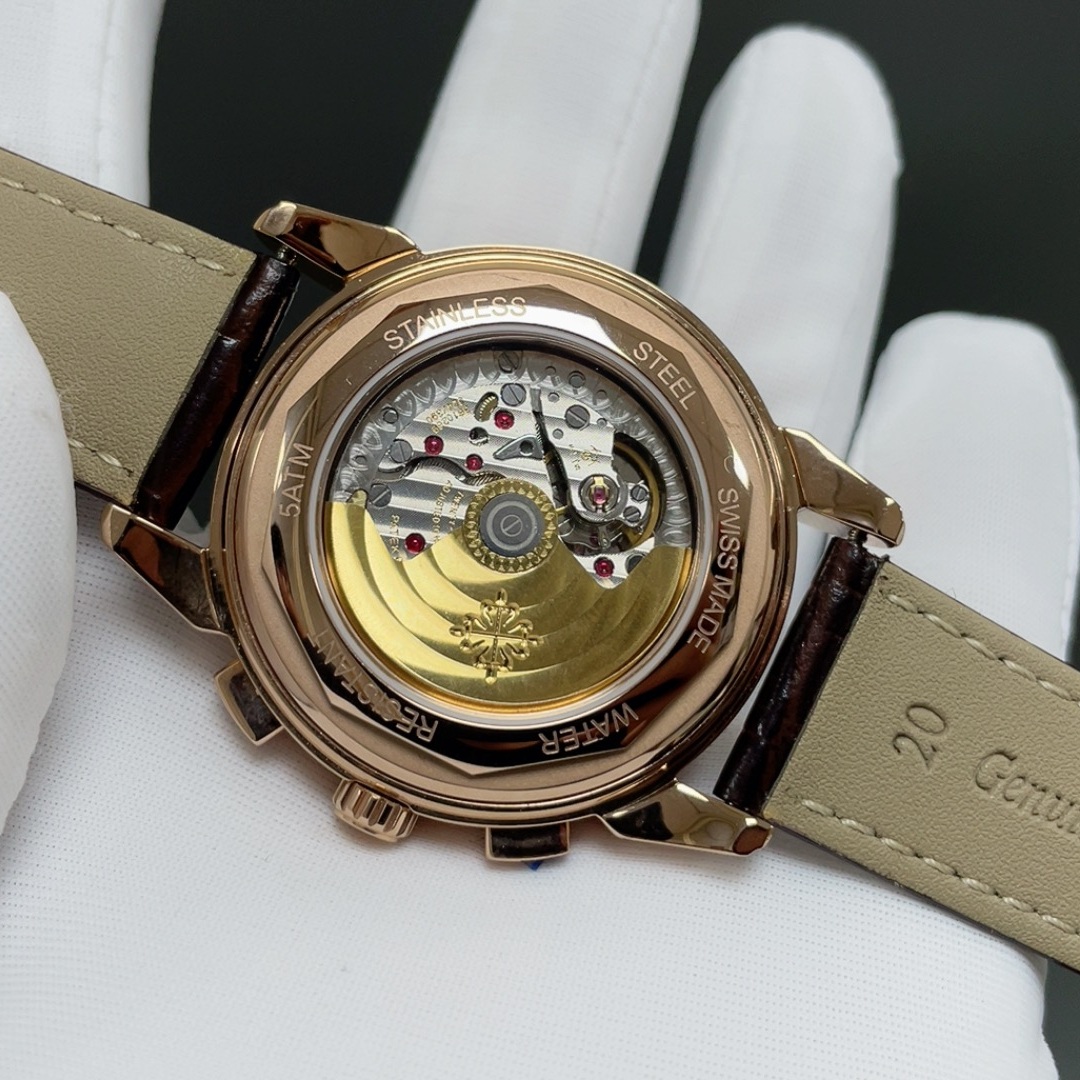 Patek Philippe Automatic Watch, White Dial Diamond Index Chronograph Rose Gold Case Leather Strap