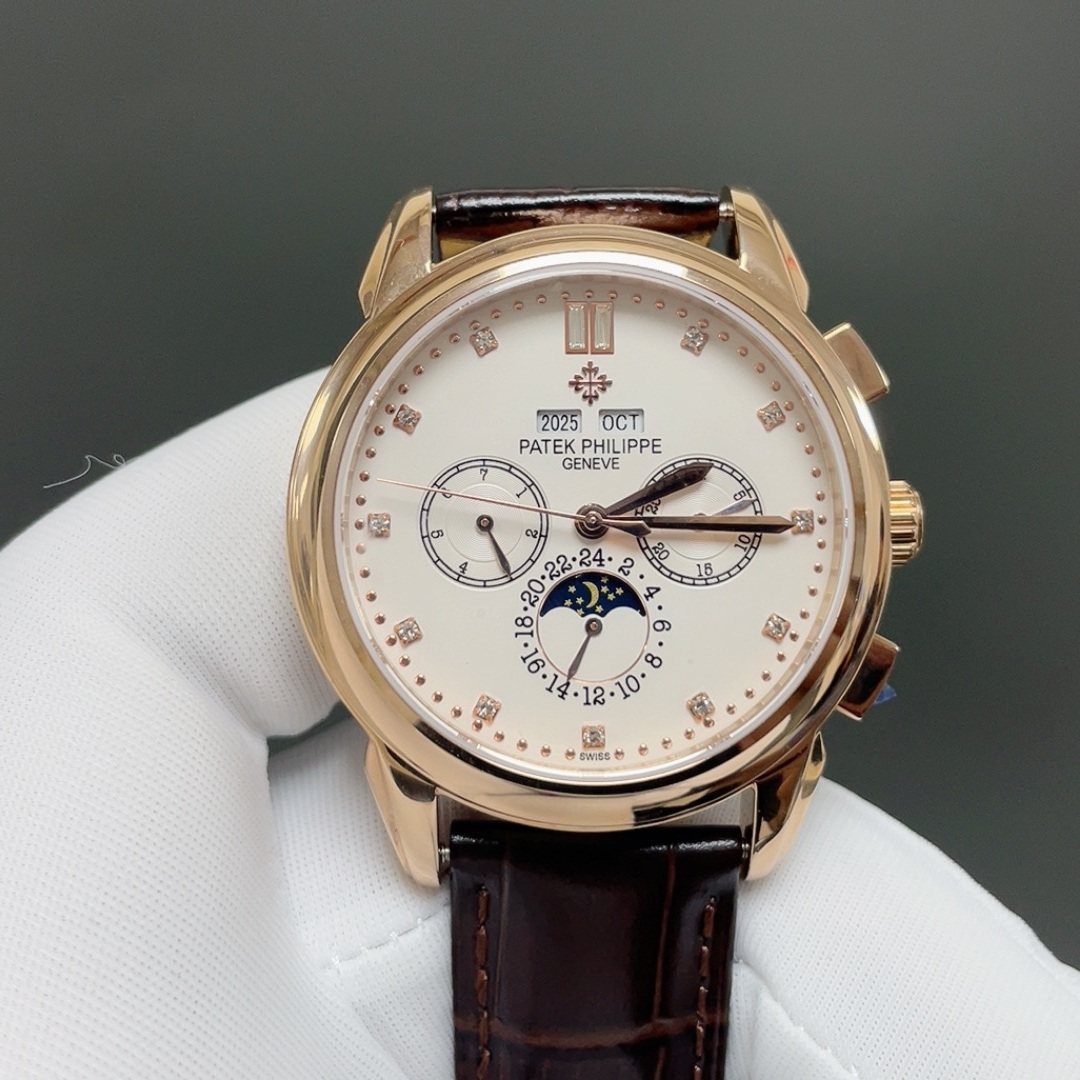 Patek Philippe Automatic Watch, White Dial Diamond Index Chronograph Rose Gold Case Leather Strap