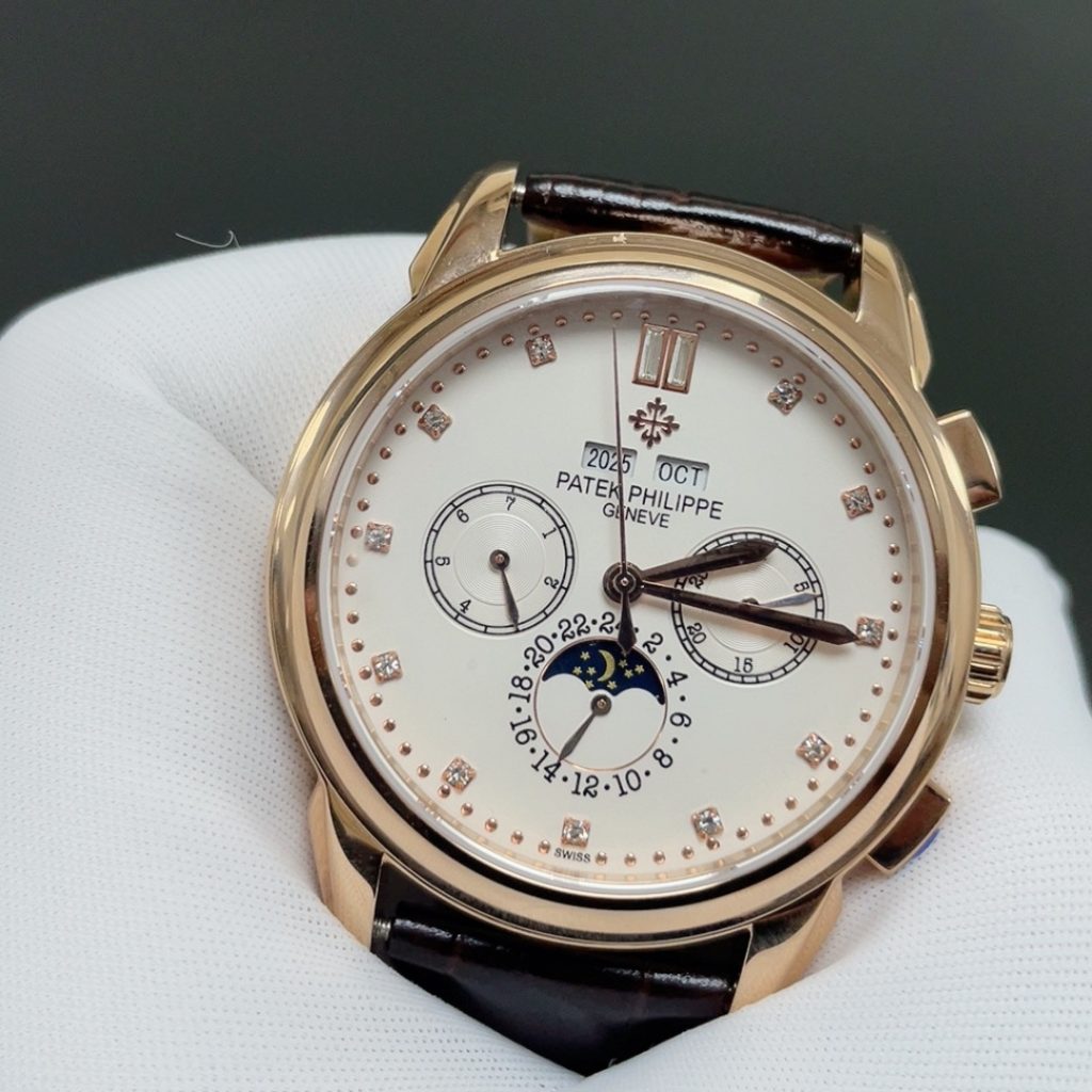 Patek Philippe Automatic Watch, White Dial Diamond Index Chronograph Rose Gold Case Leather Strap