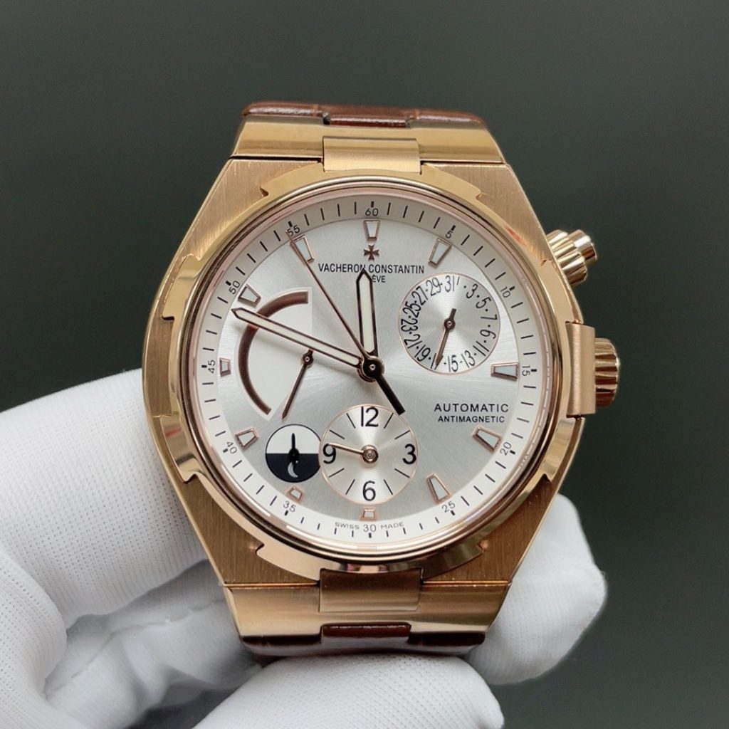 Vacheron Constantin Overseas Style Automatic Watch, Silver Dial Date Rose Gold Case Leather Strap