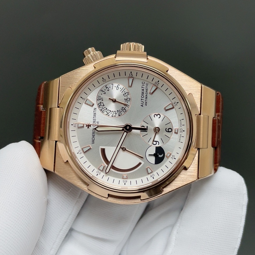 Vacheron Constantin Overseas Style Automatic Watch, Silver Dial Date Rose Gold Case Leather Strap
