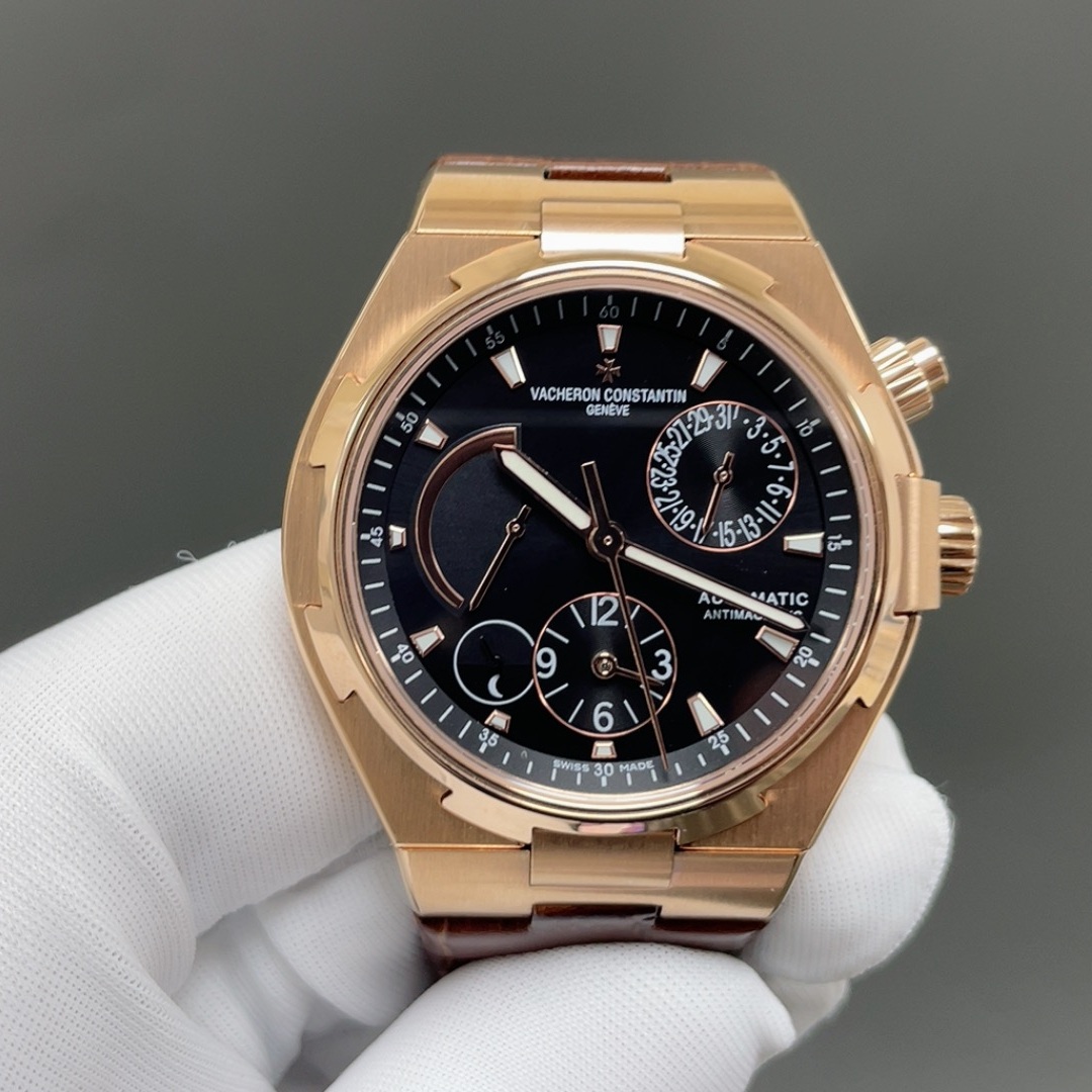 Vacheron Constantin Overseas Style Automatic Watch, Silver Dial Date Rose Gold Case Leather Strap