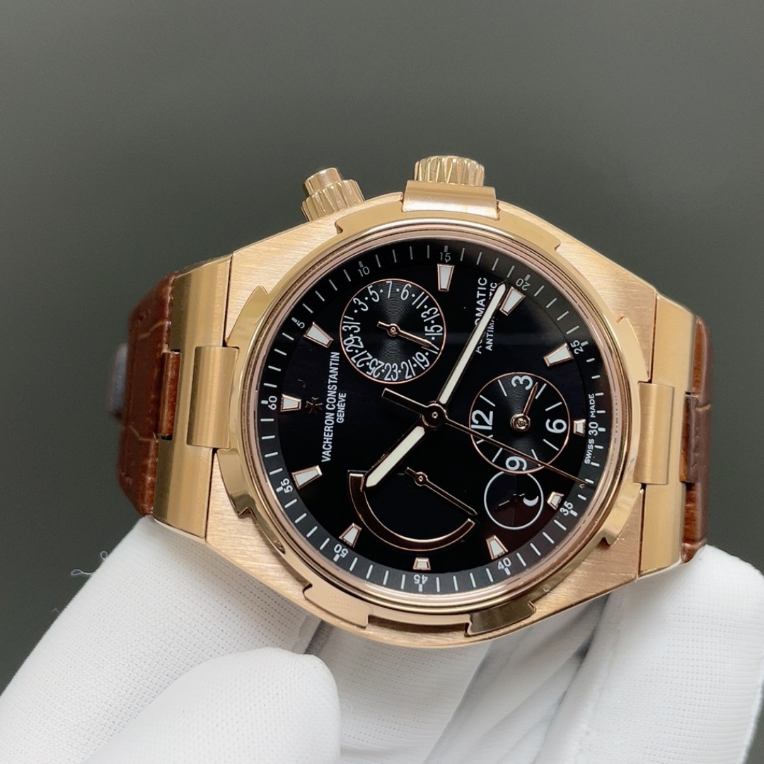 Vacheron Constantin Overseas Style Automatic Watch, Silver Dial Date Rose Gold Case Leather Strap