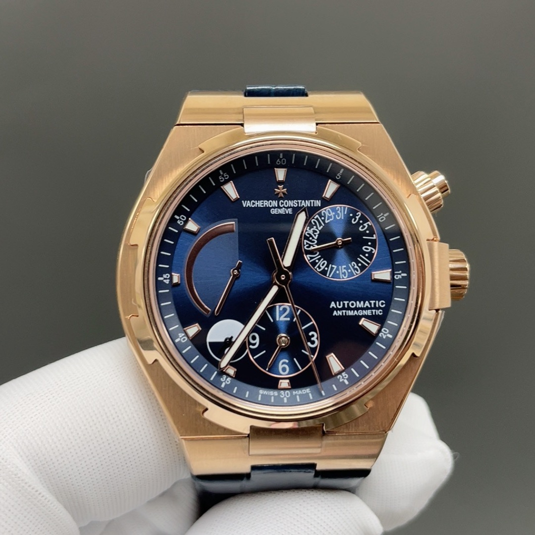 Vacheron Constantin Overseas Style Automatic Watch, Silver Dial Date Rose Gold Case Leather Strap