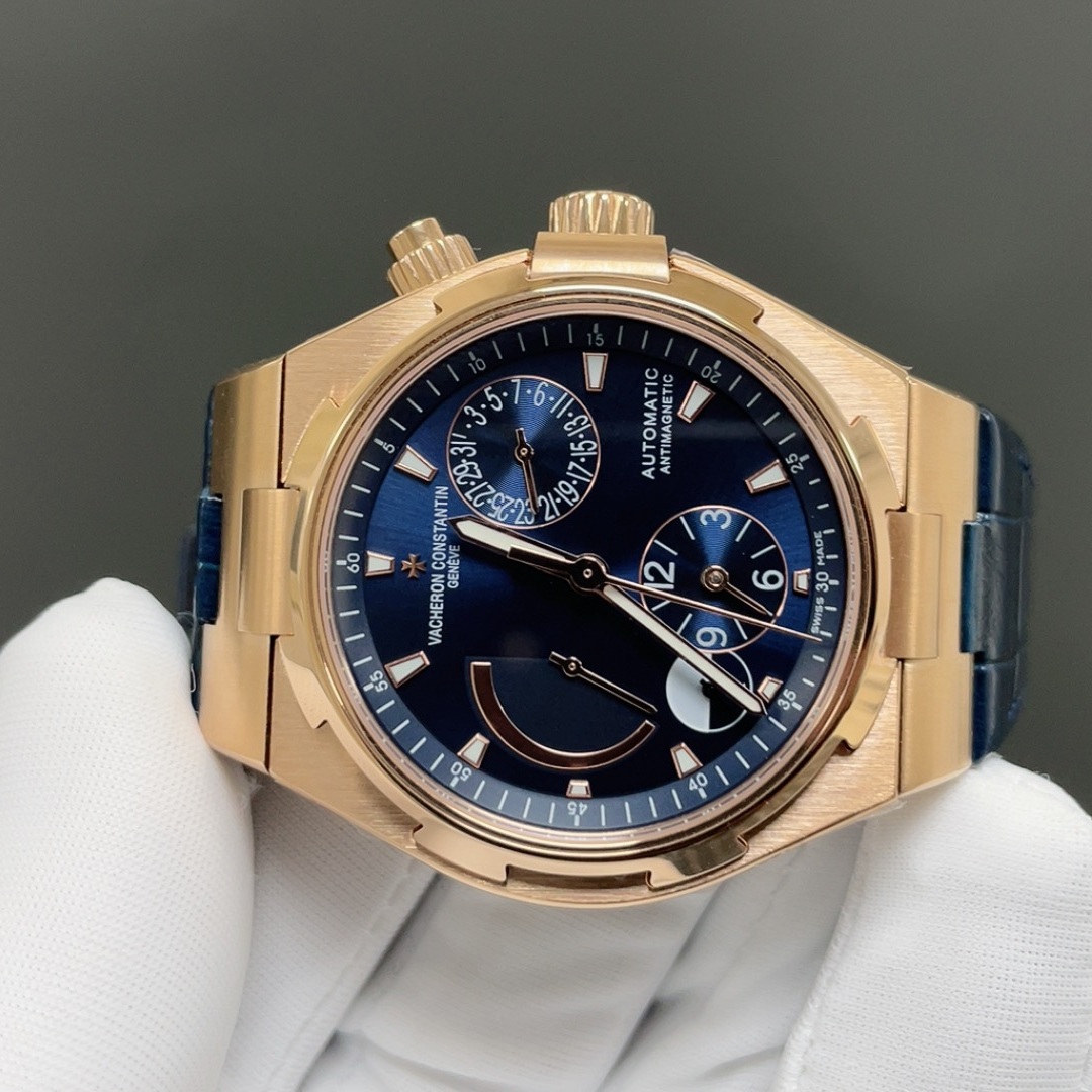 Vacheron Constantin Overseas Style Automatic Watch, Silver Dial Date Rose Gold Case Leather Strap