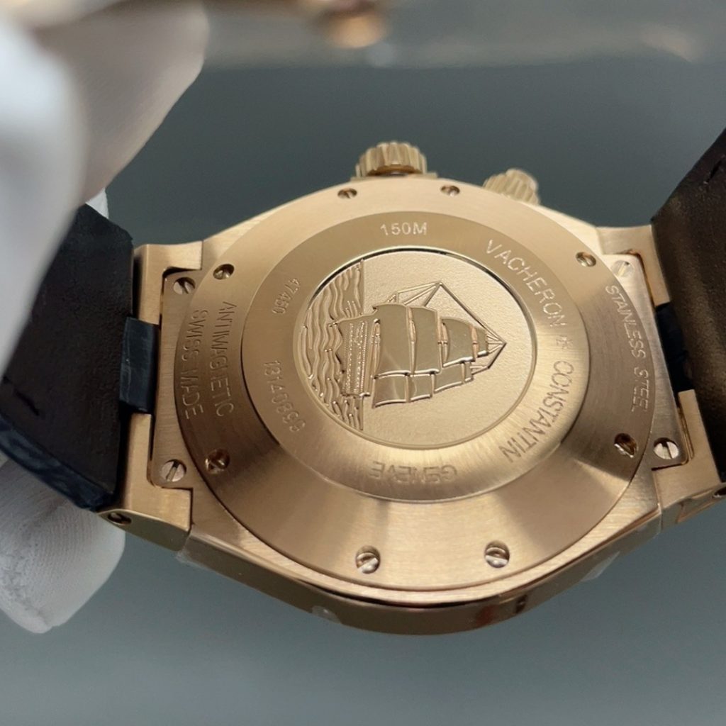 Vacheron Constantin Overseas Style Automatic Watch, Silver Dial Date Rose Gold Case Leather Strap