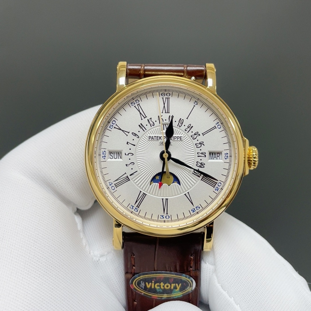 Patek Philippe Automatic Watch, Silver Dial Roman Numeral Date Yellow Gold Case Leather Strap 30m