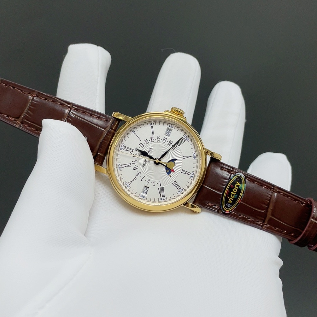 Patek Philippe Automatic Watch, Silver Dial Roman Numeral Date Yellow Gold Case Leather Strap 30m
