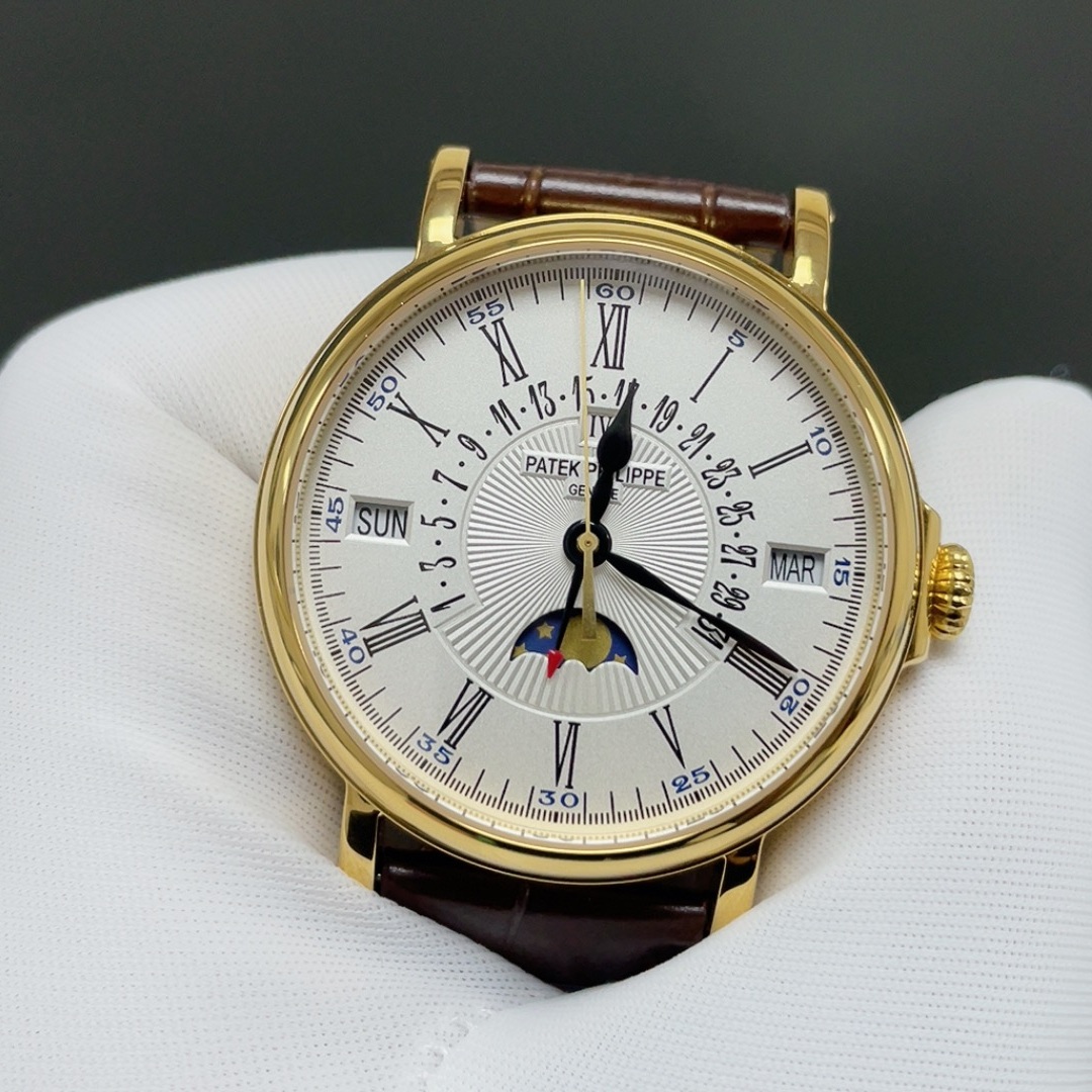 Patek Philippe Automatic Watch, Silver Dial Roman Numeral Date Yellow Gold Case Leather Strap 30m