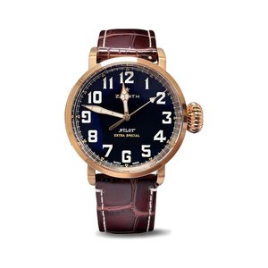 Zenith Pilot Style Automatic Watch, Black Dial Arabic Numeral Rose Gold Case Leather Strap 50m WR