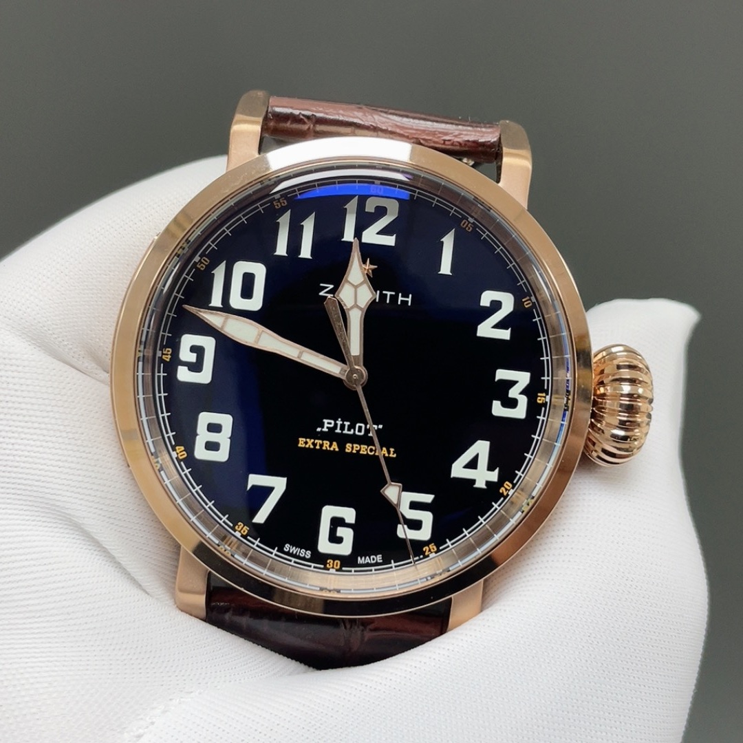 Zenith Pilot Style Automatic Watch, Black Dial Arabic Numeral Rose Gold Case Leather Strap 50m WR