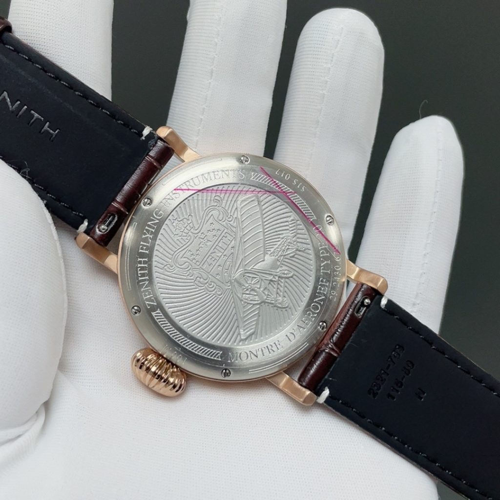 Zenith Pilot Style Automatic Watch, Black Dial Arabic Numeral Rose Gold Case Leather Strap 50m WR