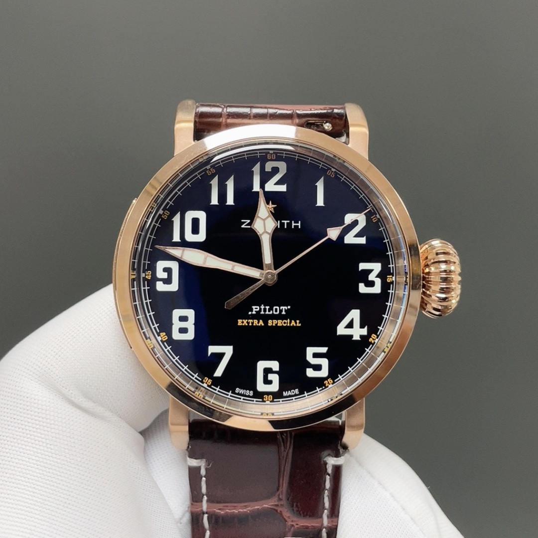 Zenith Pilot Style Automatic Watch, Black Dial Arabic Numeral Rose Gold Case Leather Strap 50m WR