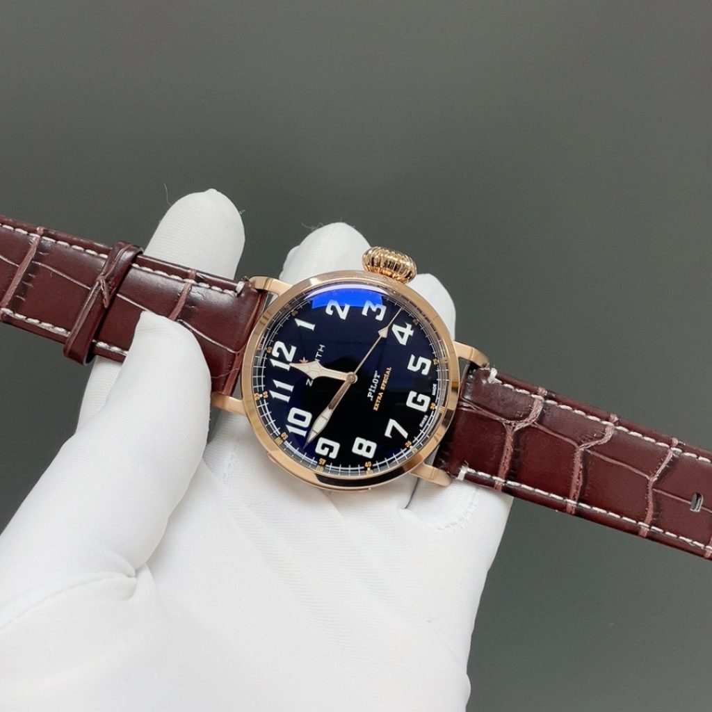 Zenith Pilot Style Automatic Watch, Black Dial Arabic Numeral Rose Gold Case Leather Strap 50m WR
