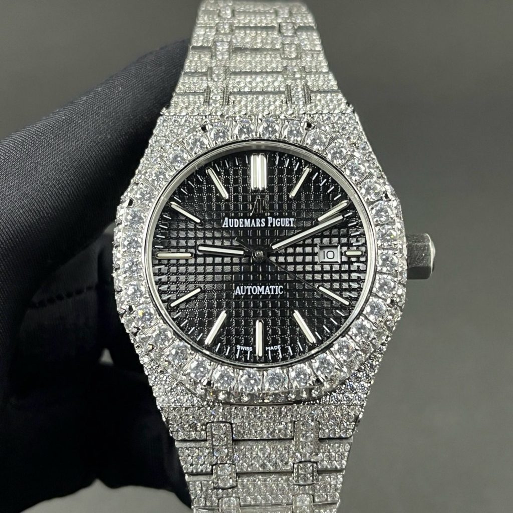 Audemars Piguet Diamond Set Automatic Watch, Black Dial Date Stainless Steel Case Metal Bracelet