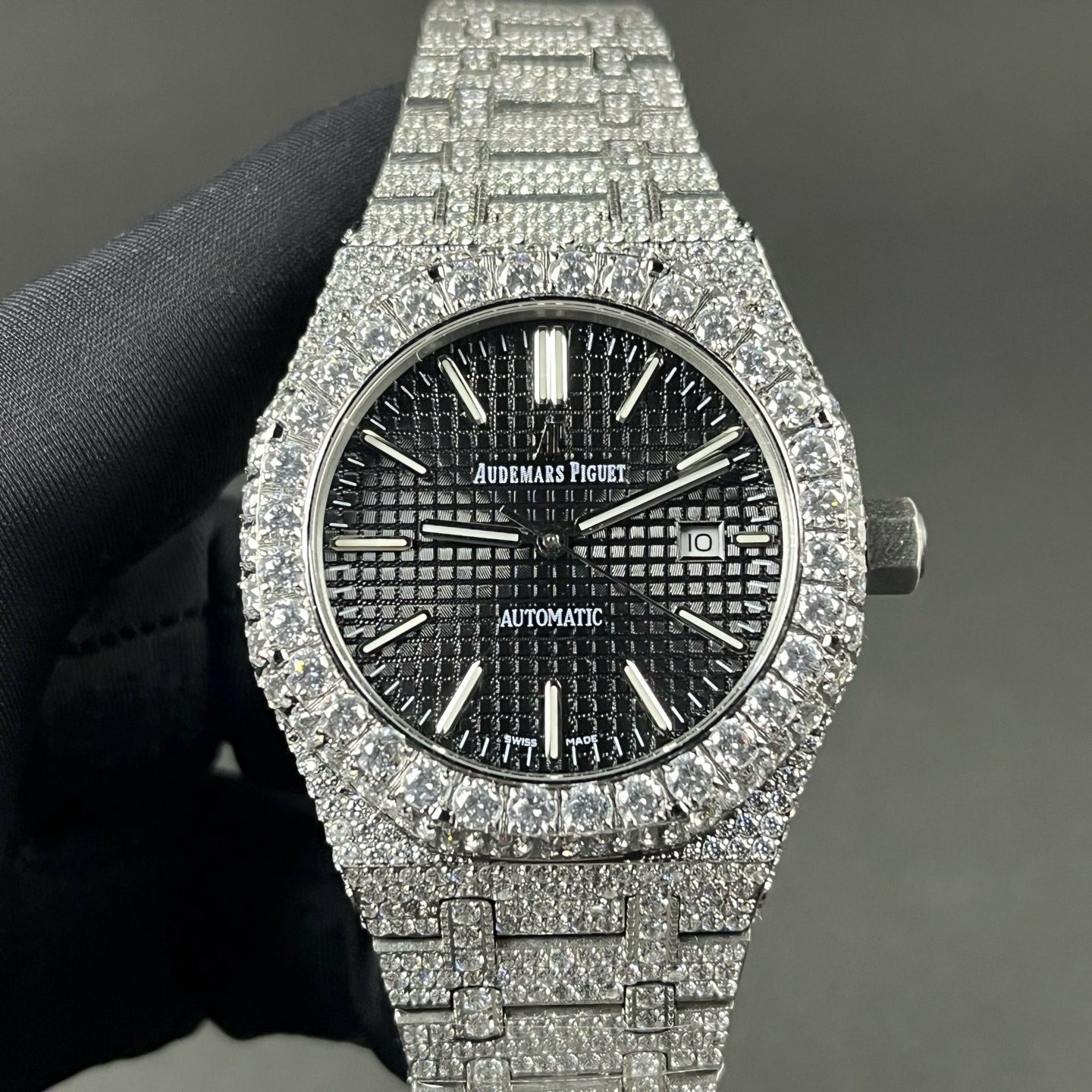 Audemars Piguet Diamond Set Automatic Watch, Black Dial Date Stainless Steel Case Metal Bracelet