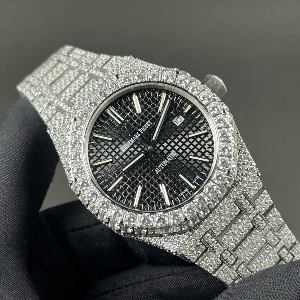 Audemars Piguet Diamond Set Automatic Watch, Black Dial Date Stainless Steel Case Metal Bracelet