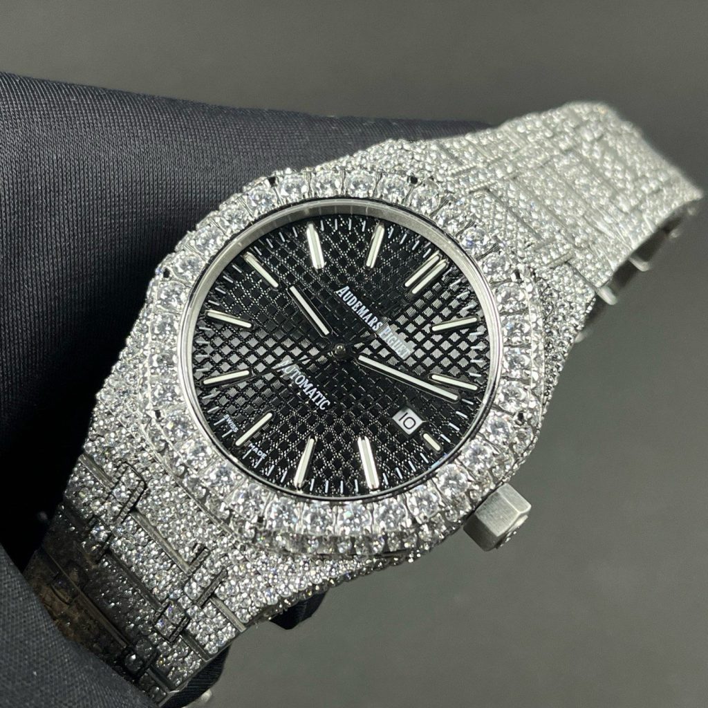 Audemars Piguet Diamond Set Automatic Watch, Black Dial Date Stainless Steel Case Metal Bracelet