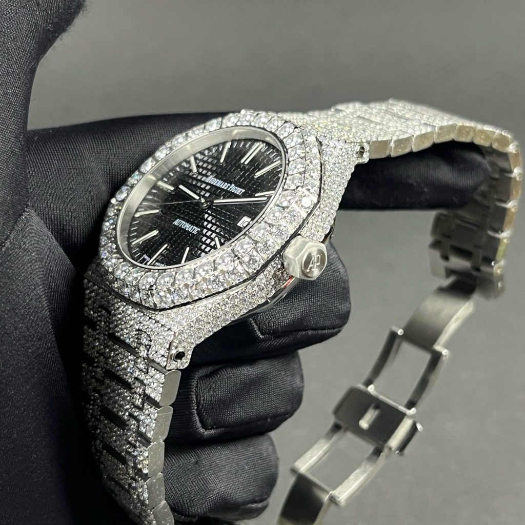Audemars Piguet Diamond Set Automatic Watch, Black Dial Date Stainless Steel Case Metal Bracelet