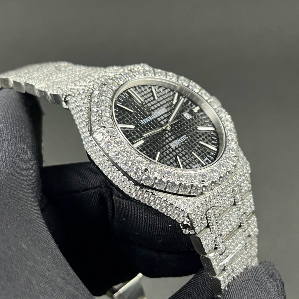 Audemars Piguet Diamond Set Automatic Watch, Black Dial Date Stainless Steel Case Metal Bracelet