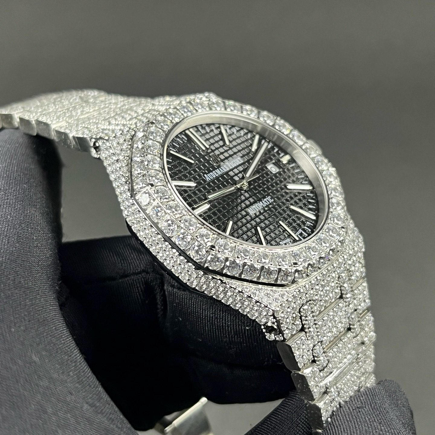 Audemars Piguet Diamond Set Automatic Watch, Black Dial Date Stainless Steel Case Metal Bracelet