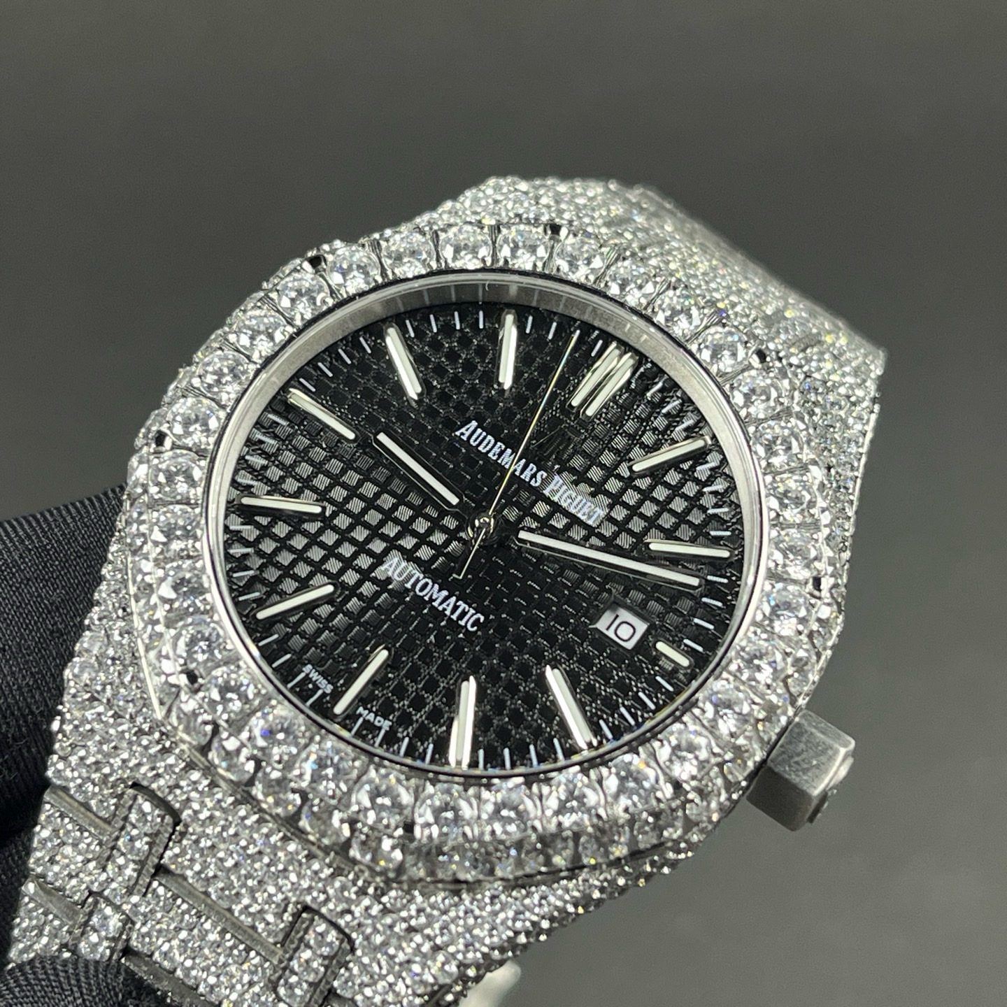 Audemars Piguet Diamond Set Automatic Watch, Black Dial Date Stainless Steel Case Metal Bracelet
