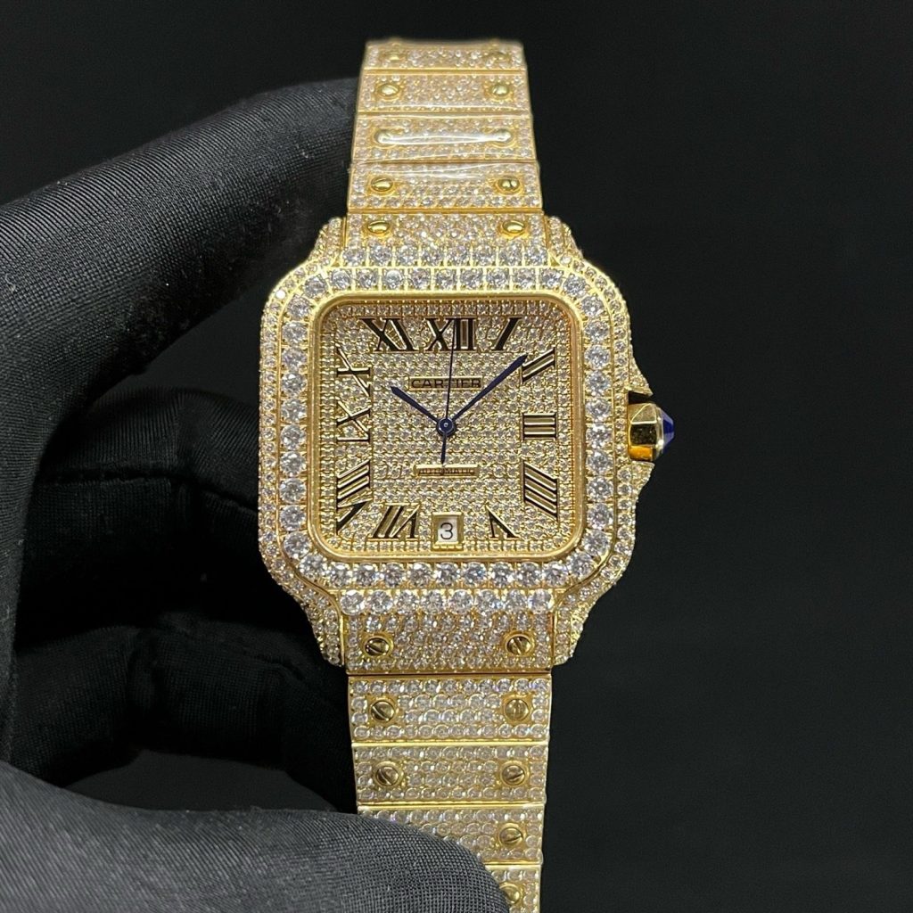 Cartier Automatic Watch, Diamond Dial Roman Numeral Date Yellow Gold Case Metal Bracelet 100m WR