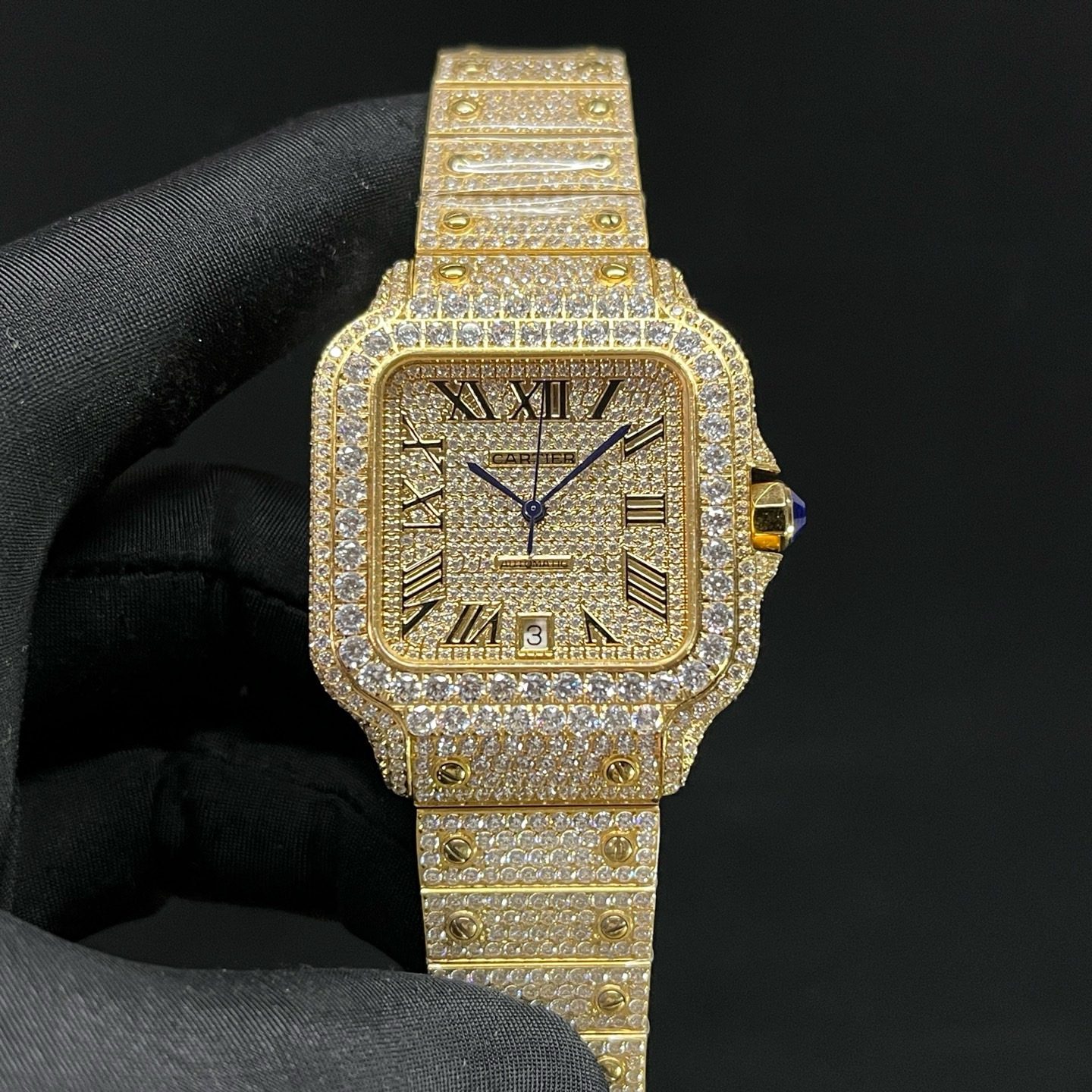 Cartier Automatic Watch, Diamond Dial Roman Numeral Date Yellow Gold Case Metal Bracelet 100m WR