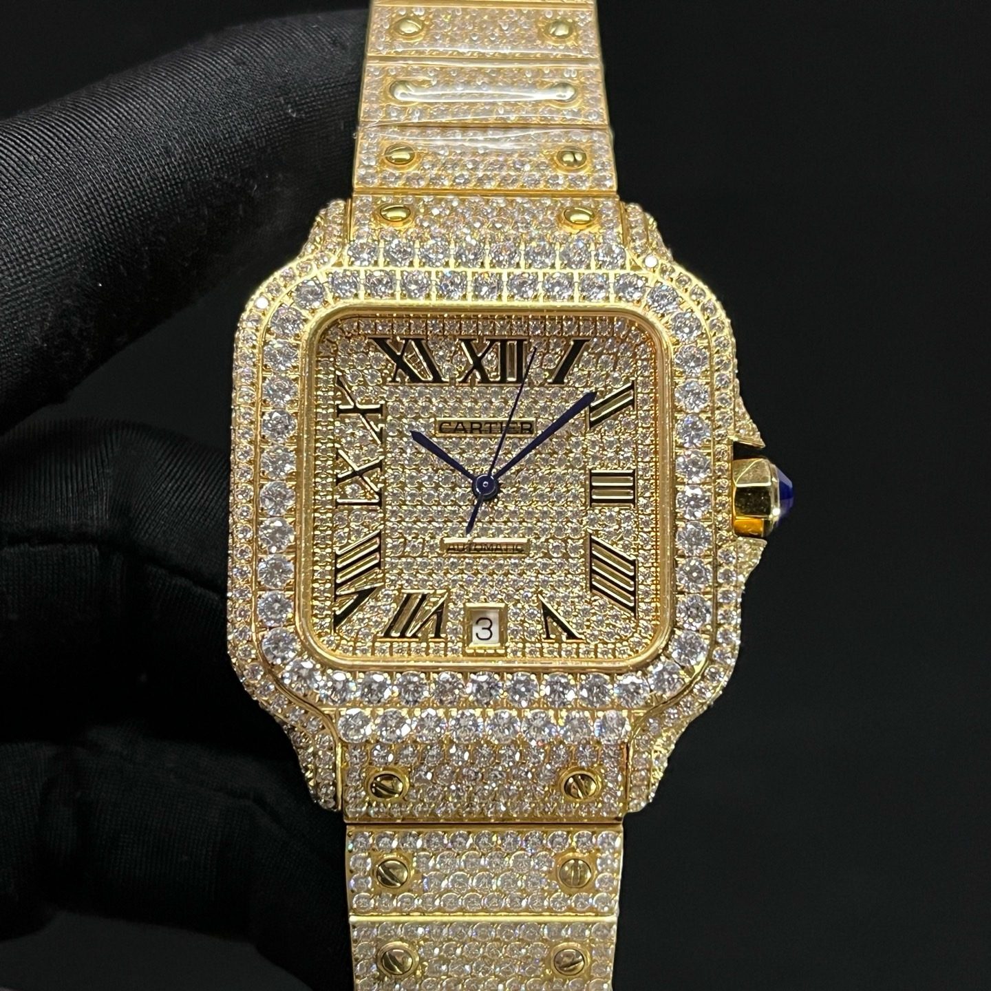Cartier Automatic Watch, Diamond Dial Roman Numeral Date Yellow Gold Case Metal Bracelet 100m WR
