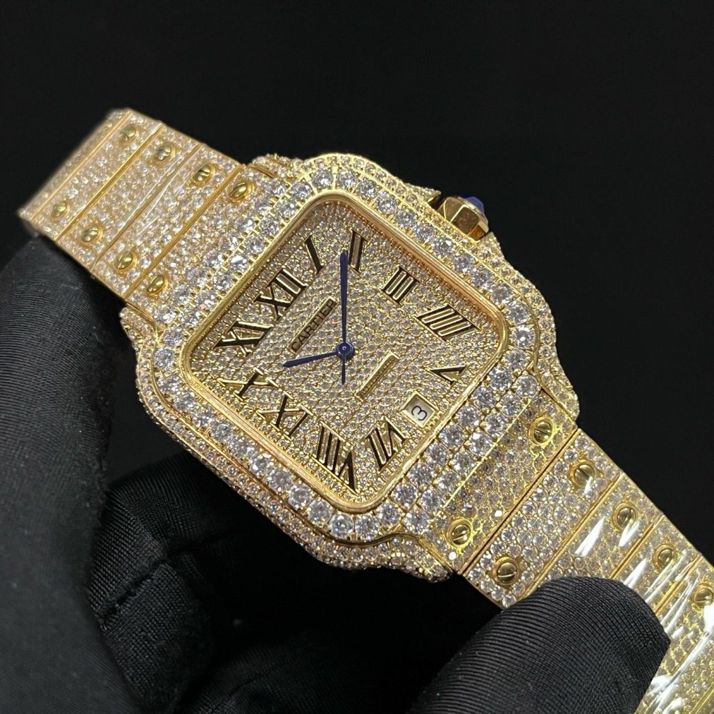 Cartier Automatic Watch, Diamond Dial Roman Numeral Date Yellow Gold Case Metal Bracelet 100m WR