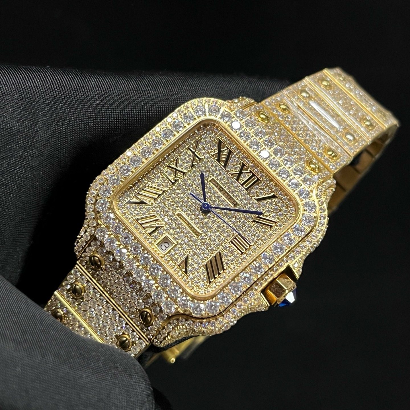 Cartier Automatic Watch, Diamond Dial Roman Numeral Date Yellow Gold Case Metal Bracelet 100m WR